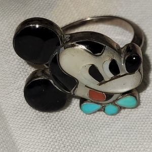 Vintage signed Zuni Mickey Mouse sterling Silver Turquoise Mop Jet Inlay ring